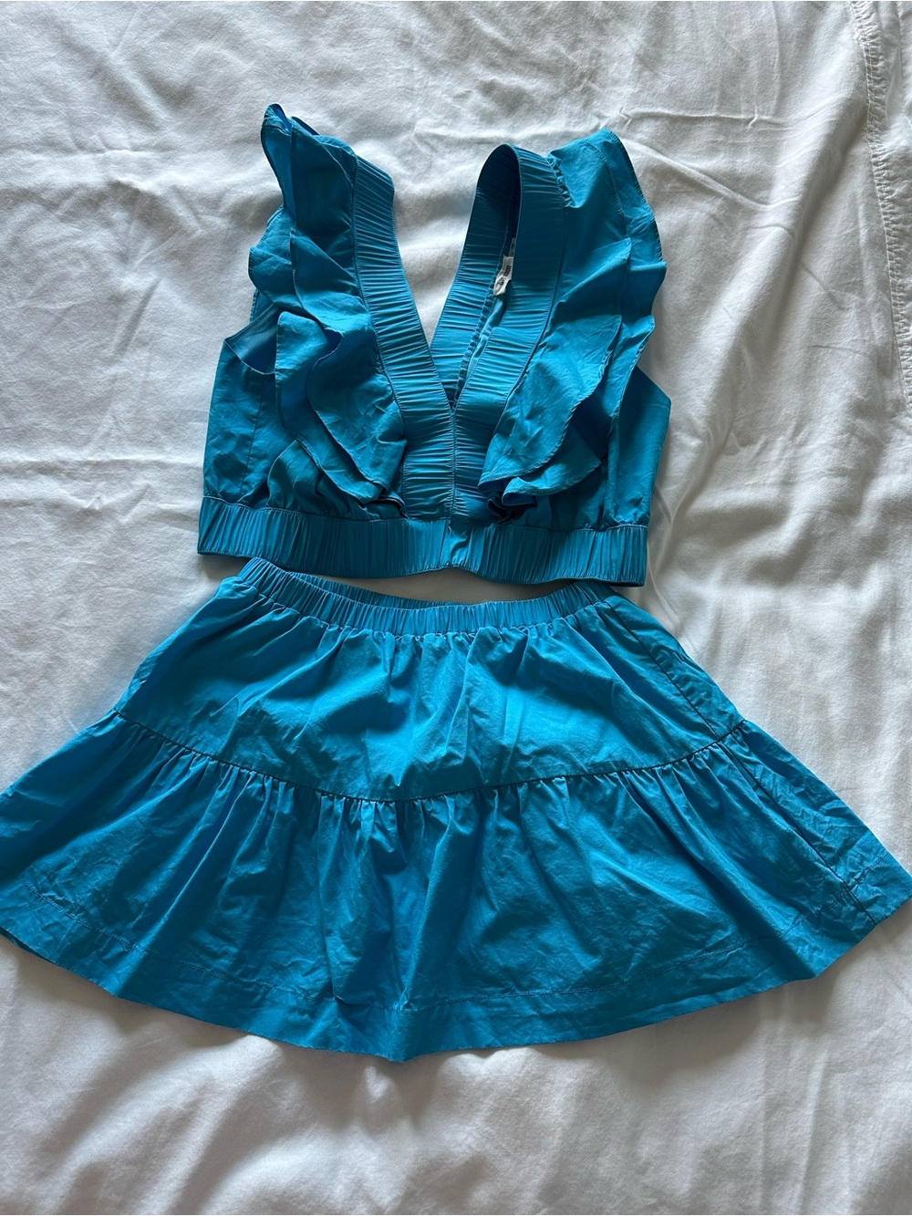 Day + Moon Turquoise Ruffle Crop Top (Large) and Skirt (Small) Set